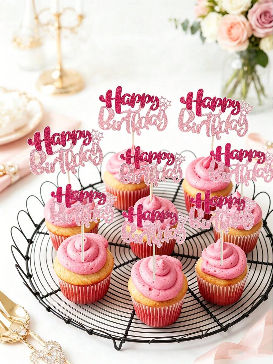 24/12/1 pieza Adornos para cupcakes de cumpleaños con brillo rosa, decoración de pastel de fiesta de cumpleaños, palillos para postres, suministros de repostería, regalos para fiestas en el hogar y cocina, adornos para postres, accesorios para fotos, accesorios para fiestas - Inserto para pastel de cumpleaños color rosa - Ver 1