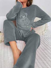 2pcs Women's Thick Warm Fluffy Pajama Set, Autumn/Winter Embroidered Solid Color Loungewear, Casual Comfortable Crew Neck Top And Pants, Suitable For Home Wear And Daily Wear - Army Green - View 1