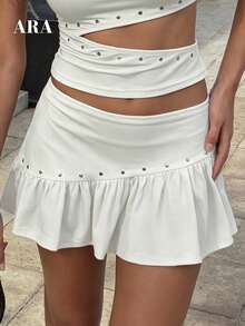 ARA CHIC Women's Cream White Rivet Ruffle Mini Skirt Low Waist A-Line Skirt Daily Street Style Summer New - White - View 1