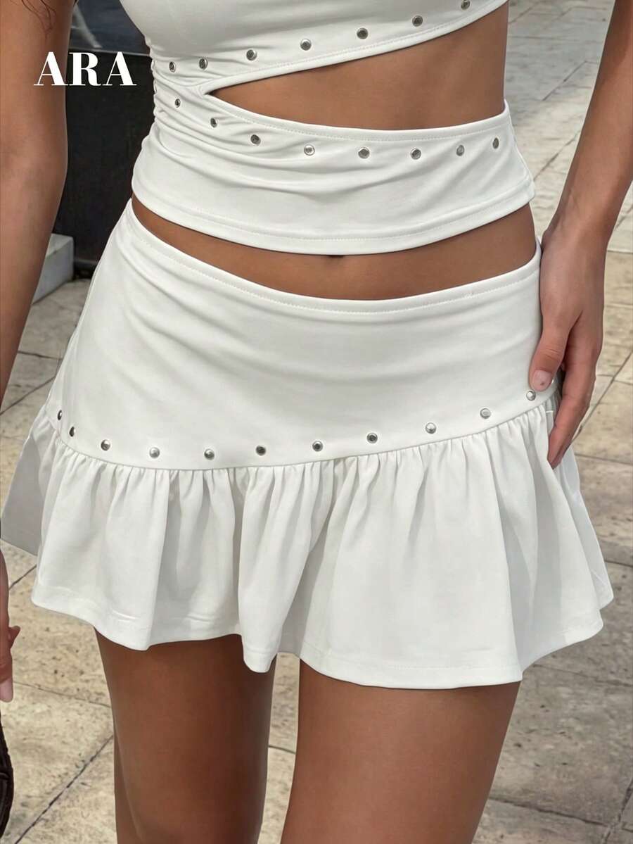 ARA CHIC Women's Cream White Rivet Ruffle Mini Skirt Low Waist A-Line Skirt Daily Street Style Summer New - White - View 1