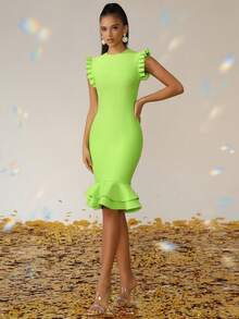 Love Aing Women's Summer Elegant Party Banquet Dress With Lace Cuffs, Pleated Green Knee-Length Skirt, Ruffle Hem, Mermaid Tail Dress For Guests, Ball, Luxury Evening Gown, Beach Vacation Style, Autumn Dress - Green - View 6