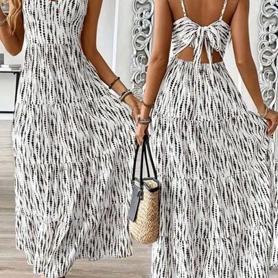 Robe longue à bretelles et col en V avec nœud dans le dos pour femmes