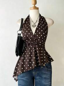 Women's Summer Polka Dot Camisole V-Neck Top, Waist Pleated Ruffle Blouse, Sleeveless Vintage Style, Casual Vacation Wear - Multicolor - View 3