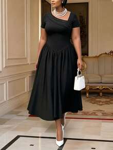 Women's Elegant Asymmetric Collar Fold Decor Short Sleeve Waist Flared A-Line Dress, Suitable For Dates, Work, And Commuting - Black - View 3