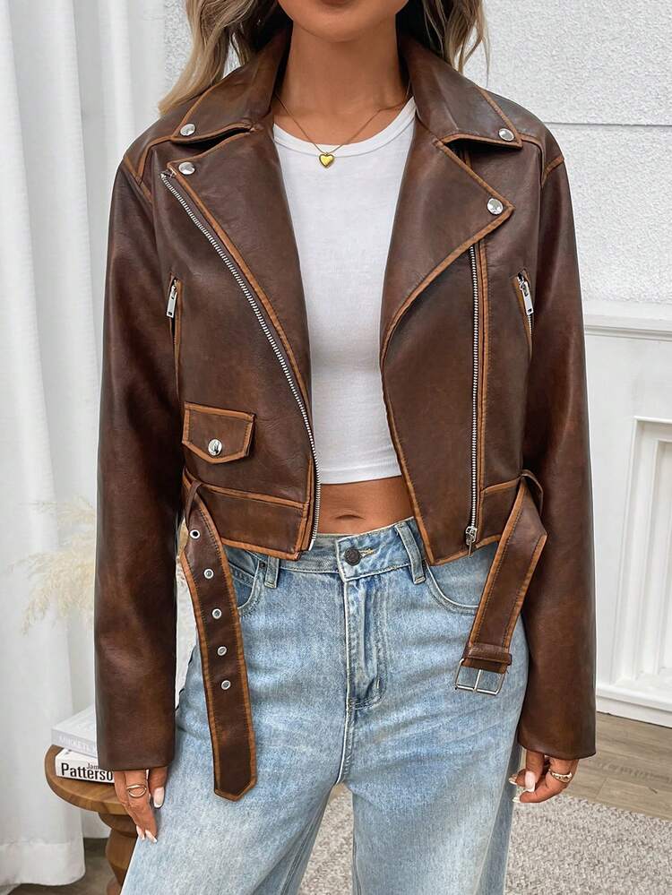 Women's Faux Leather Jacket, Bomber Short Biker Jacket, Autumn
