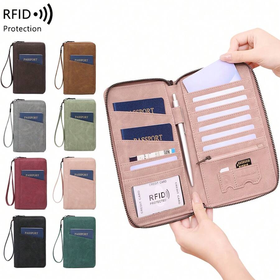 CHARM INFINITE 復古 RFID 防盜護照夾，大容量 PU 皮革旅行文件錢包附手腕帶，度假必需品防盜收納袋