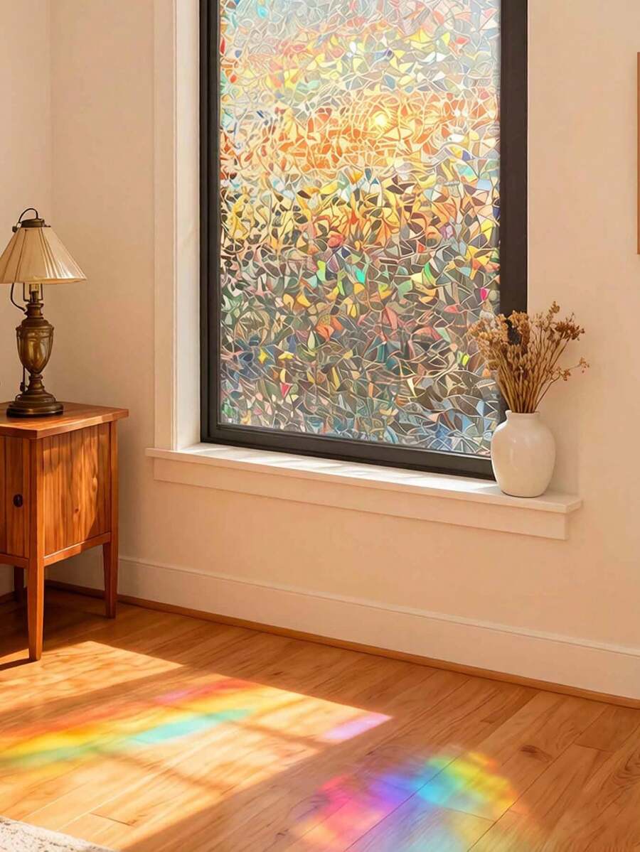 1 Roll 44.5cm Wide 3D Laser Translucent Rainbow Decorative Glass Static Cling Non-Adhesive Film, Colorful Vinyl Glass Window Decorative Decal