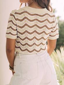 Women's Summer New Wave Pattern Hollow POLO Collar Knit Short Sleeve Top, Breathable Contrast Color V-Neck Loose Slimming Casual T-Shirt Vacation - Multicolor - View 4