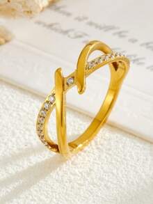 1pc Stainless Steel Niche Design Geometric Rhinestone Inlaid Water Drop Hollow Versatile Fashion Claw Set Index Finger Ring For Women - Yellow Gold - View 9