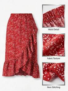 Women's Vacation Floral Patchwork Ruffle Hem Fashionable Skirt - Red - View 5