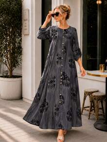 Plus Size Printed Maxi Dress For Women Long Sleeve Button Down Bohemian Casual Dress With Pockets - Grey - View 8