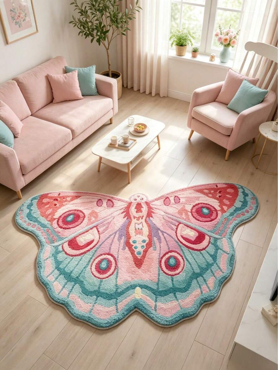 1pc Pink & Blue Butterfly Floor Mat, Thickened Decorative Rug, Bedroom Decor, Small Rug, Carpet, Home Decor, Living Room Rug, Living Room Small Rug, Bedroom Rug, Living Room Home Decor, Outdoor Rug, Washable Rug, Graduation Gift - Powder Blue - View 1