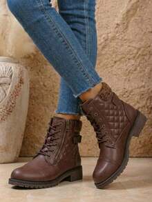 Women's Lace Up Combat Ankle Boots – Comfortable Short Booties With Low Heel - CJY927-干邑白蘭地 - 查看 3