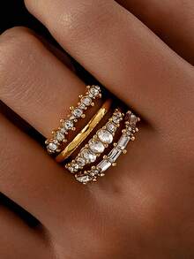 4pcs Elegant Layered Cubic Zirconia Teardrop And Rectangular Pattern Rings, Symbolizing Romance And Nobility, Suitable For Daily Wear, Perfect Gift For Spring Festival New Year - Multicolor - View 3