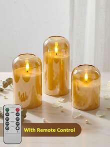 3件組閃爍無焰蠟燭，電池供電蠟燭附定時器與遙控器，適用於桌面中心裝飾、聖誕節、萬聖節、情人節、母親節、餐桌、房間裝飾、婚禮、派對，絕佳禮物選擇，節日氛圍裝飾燈 - 金色-暖光 - 查看 2