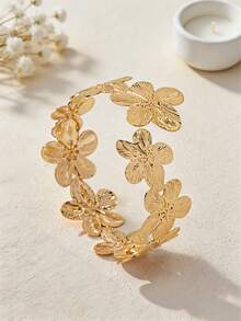 1pc/Set Summer Vacation Style Floral Design Women's Open Adjustable Arm Cuff, Suitable For Women's Beach Vacation And Summer Daily Wear - Golden - View 2
