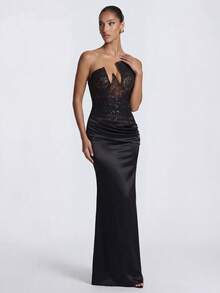Women's Black Sexy Lace Sequin Patchwork Backless Criss-Cross Tie Ruffle Mermaid Party Evening Dress Wedding - Black - View 3