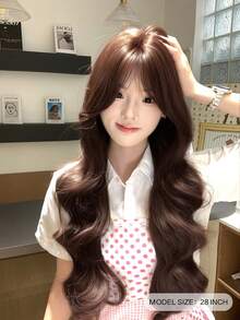 alicegarden 28-Inch Long Synthetic Wig Featuring A Natural Wavy Style In A A Stunning Chocolate Brown. Designed With Bangs , This False Hairpiece Is Perfect For Ms Daily Use, Offering A Natural And Natural Durable Wig Gift For Ladies. (No Accessories) - Chocolate Brown - View 3