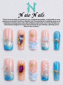 NAIO 10片/組手工穿戴甲，3種尺寸：棺材形/杏仁形/短方型，Y2K夏季海灘風，粉藍漸層海星與貝殼設計，海洋風裝飾，適合女性與女孩，日常使用與派對，女士美甲禮物 - 彩色 - 查看 20