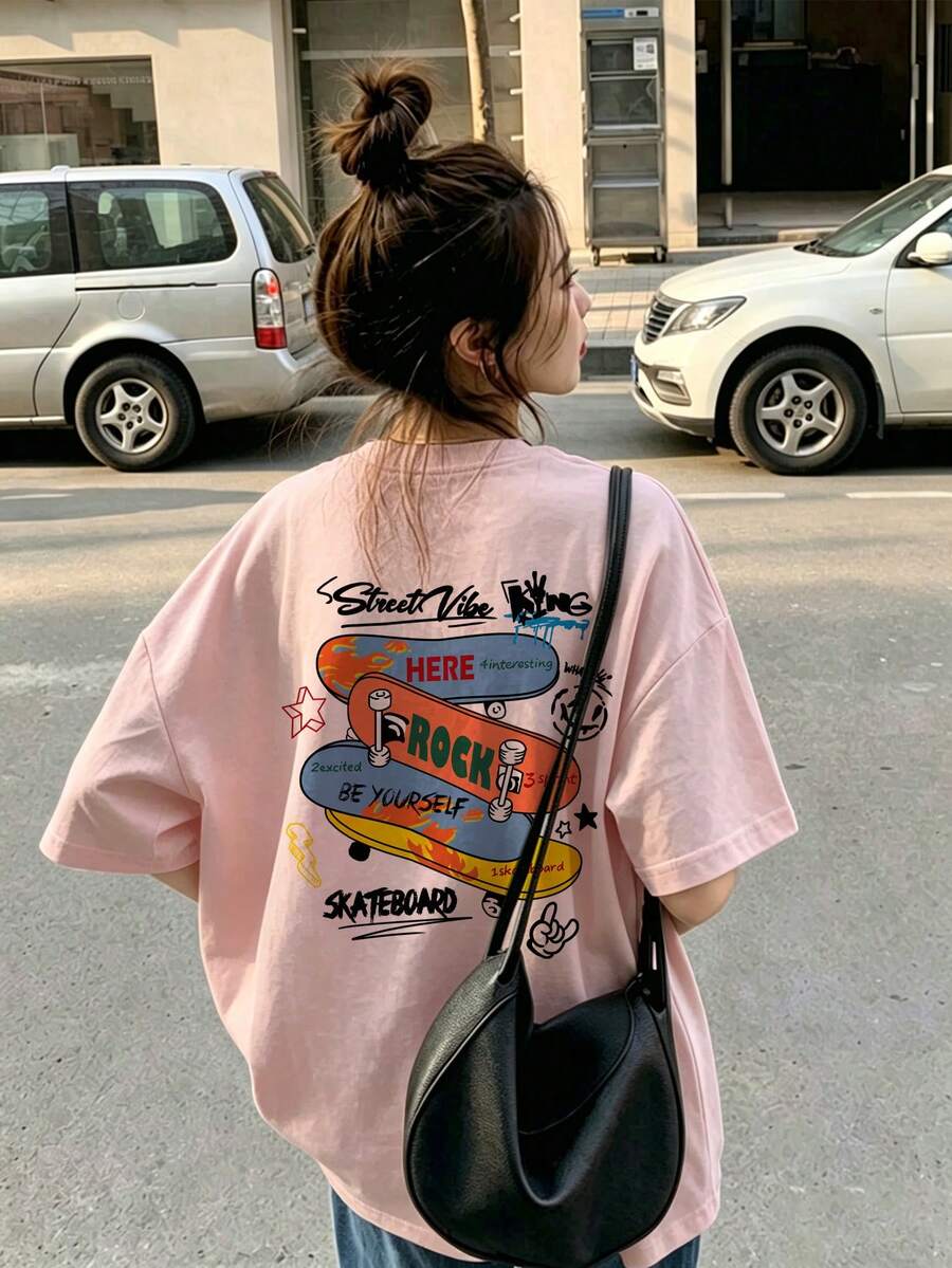 Japanese Style Women's Loose Casual Round Neck Letter & Skateboard Print Short Sleeve T-Shirt, Versatile For Spring/Summer - Baby Pink - View 1