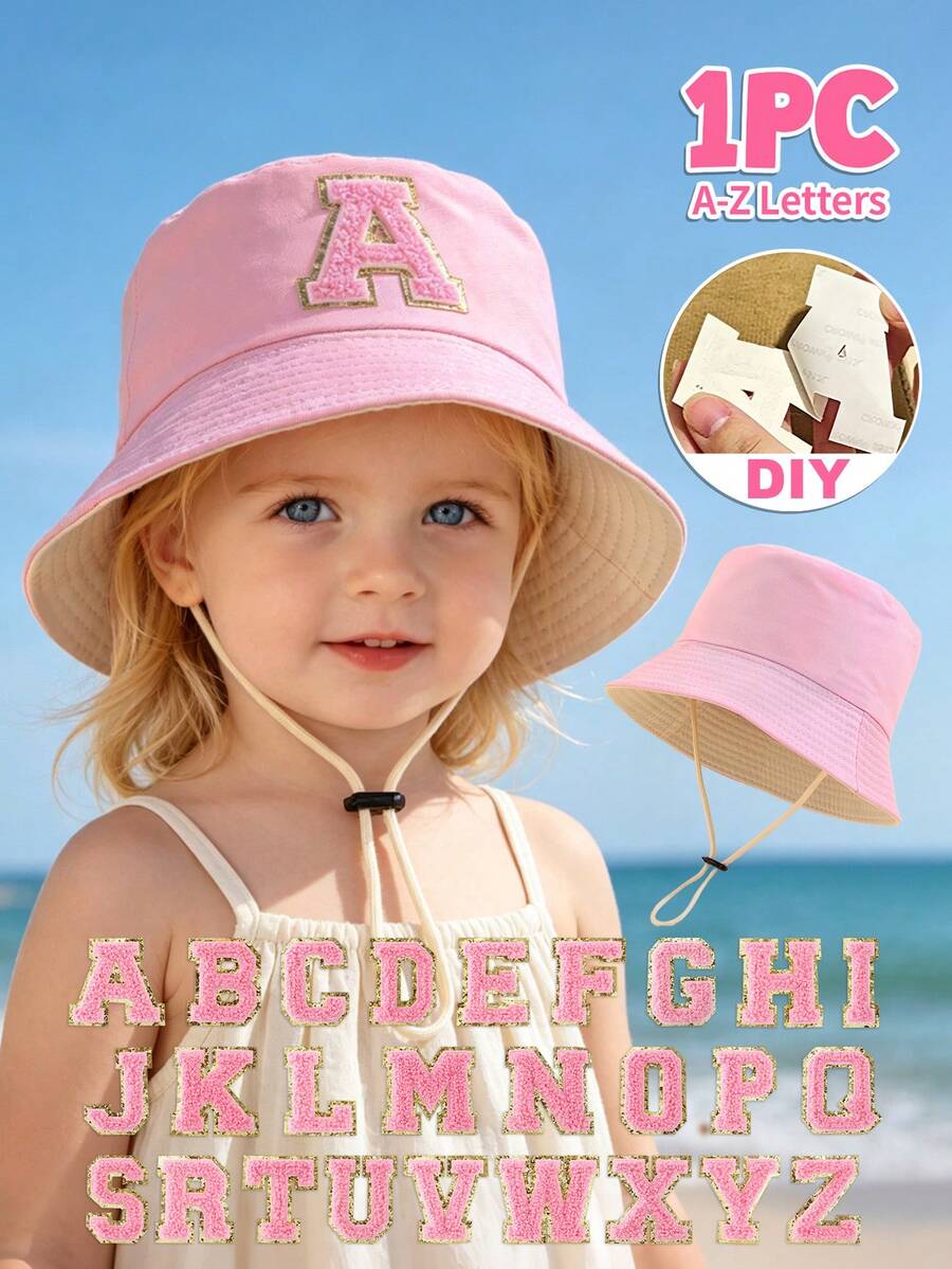 1件 DIY 定製兒童漁夫帽,A-Z 絨毛字母貼片單獨販售,帽子與字母貼片非套裝販售,幼兒戶外沙灘遮陽帽 - 粉色 - 查看 1