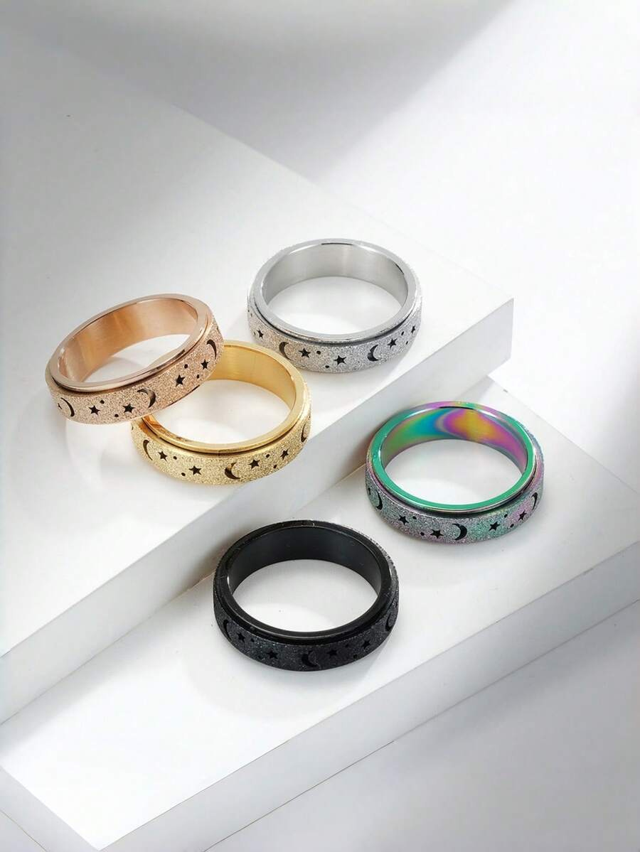 1pc Luxury High-End Star & Moon Stress Relief Ring - Rotatable, 6mm, Size 6-11, Comfortable To Wear, Fashionable And Beautiful