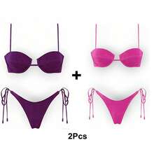 Women's Glossy String Bikini Set Soild Swimsuit Women's Fashion Bikini Green Halter Sport Swimsuit Beach Vacation Low Cut Shiny - 紫+紅 - 查看 1