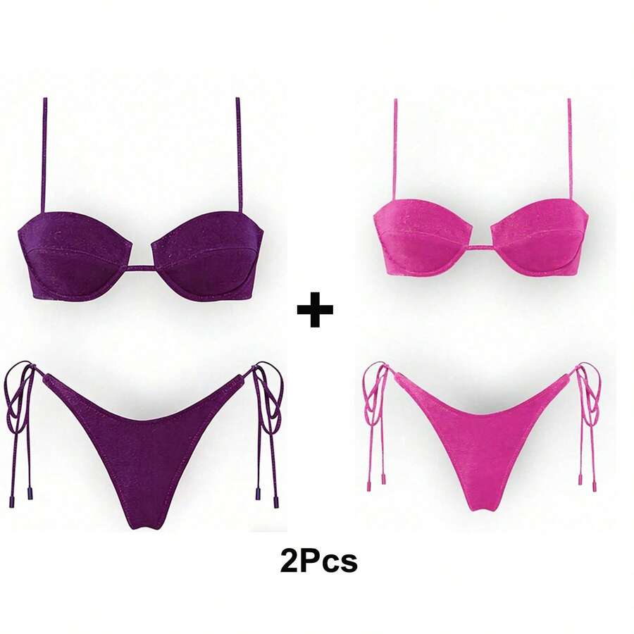 Women's Glossy String Bikini Set Soild Swimsuit Women's Fashion Bikini Green Halter Sport Swimsuit Beach Vacation Low Cut Shiny - 紫+紅 - 查看 1
