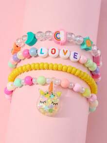 4pcs/Set Girls Cute Unicorn Pendant Bracelet Set, Suitable For School, Daily Wear And Festivals, Random Colorful Beads - Multicolor - View 6
