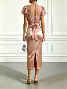 Elegant 2-Piece Dresses Set For Women Chiffon Ruffle Sleeve Top & Satin Midi Party Dress Formal Birthday Wedding - Champagne - View 2