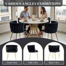 Modern Velvet Dining Chairs Set Of 2 Hand Weaving Accent Chairs Living Room Chairs Upholstered Side Chair With Golden Metal Legs For Dining Room Kitchen Vanity Living Room - 黑色 - 查看 7