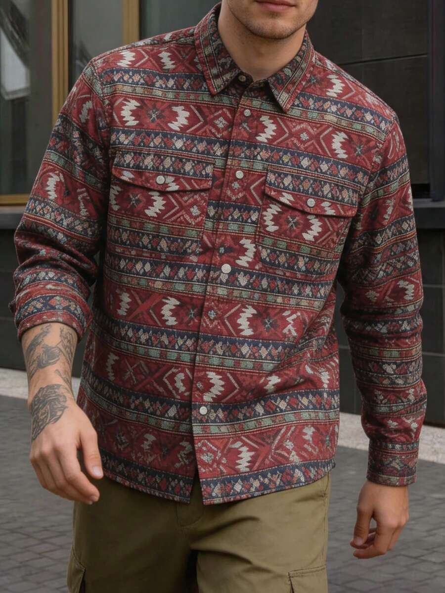 American Retro Geometric Totem Print Button Long Sleeve Pocket Lapel Jacket - Burgundy - View 1