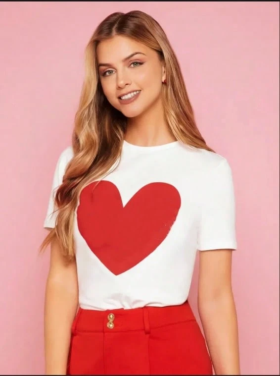 Heart-shaped sequined crew neck T-shirt, plain cotton Tee For adult, Men, Women, Teen, Teenager, adolescent, Youth - Weiss - Übersicht 1