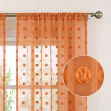 1pc White Cute Pom Pom Semi-Sheer Curtain, Rod Pocket Style, 3D Pom Pom Embroidery Design, Light-Filtering Non-See-Through Curtain, Soft Washable Polyester Material, Suitable For Bedroom, Living Room, Kitchen, Office And Dorm Home Decor - Orange - View 7