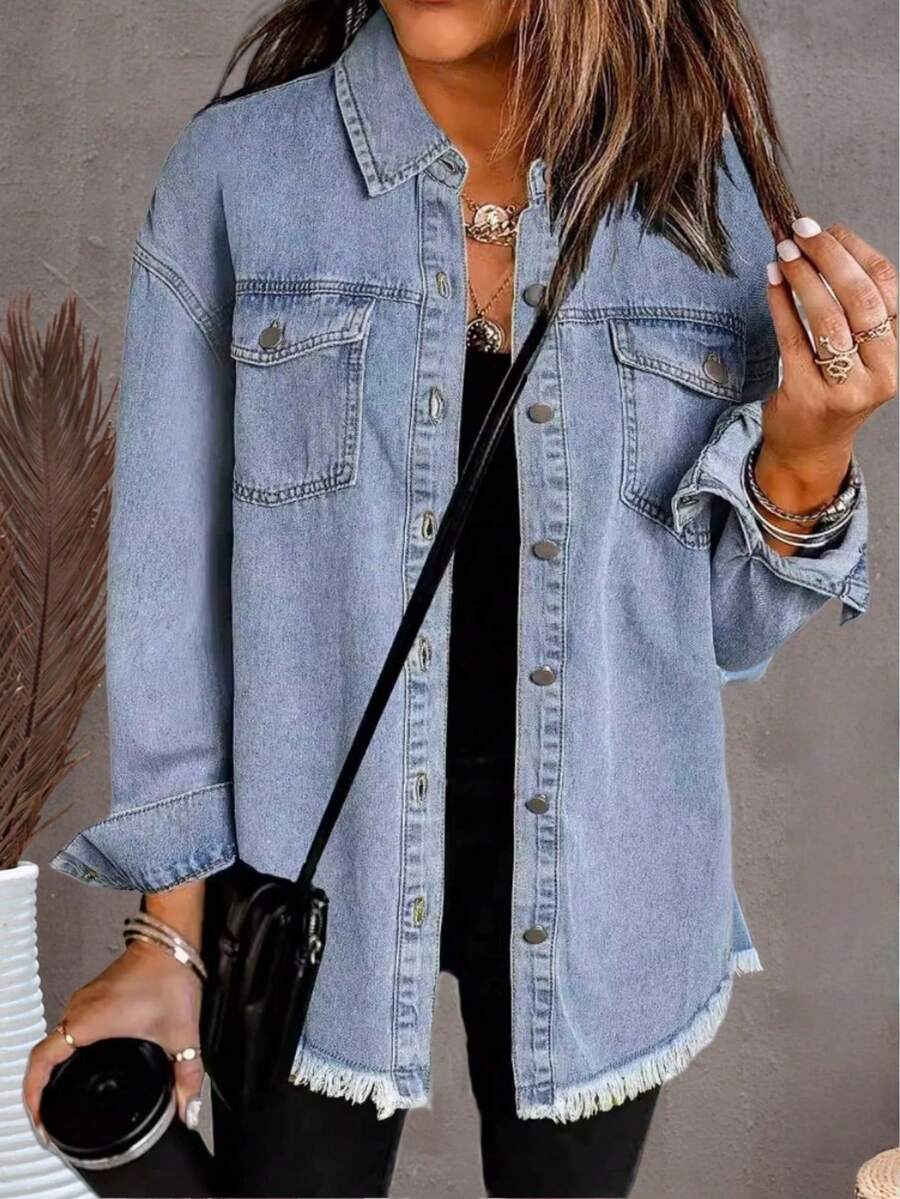 Chaqueta vaquera casual de unicolor para mujer con bolsillos y bordes deshilachados, manga larga, para primavera/otoño - Lavado ligero - Ver 1