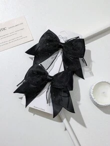 2pcs Dark Glittery Tulle Satin Bow Hair Clips, Sweet Cool Girl Side Alligator Hair Clips, Atmospheric Hair Accessory - Black - View 1