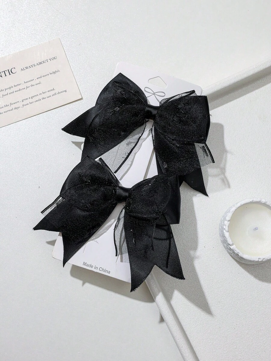 2pcs Dark Glittery Tulle Satin Bow Hair Clips, Sweet Cool Girl Side Alligator Hair Clips, Atmospheric Hair Accessory - Black - View 1
