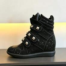 2026 New Style Women's Suede Sneakers, Hidden Inner Elevation, High-Top Board Shoes, Lightweight, Comfortable And Breathable - 黑鑲鑽 - 查看 2