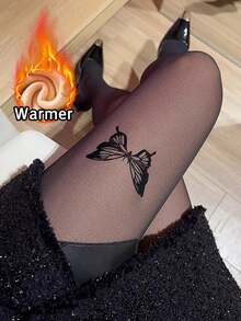 1pc 80g/220g/300g Women's Sexy Sheer Black Butterfly Pattern Tights, Thermal Lined High Waist Pantyhose, Daily Commute Fashion, Warm Leggings (Suitable For 5-15°C) - Black - View 11