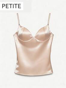 1 pieza Top de tirantes de satén de unicolor con línea prensada en forma de espina de pescado para mujer, albaricoque casual de verano - Albaricoque - Ver 1