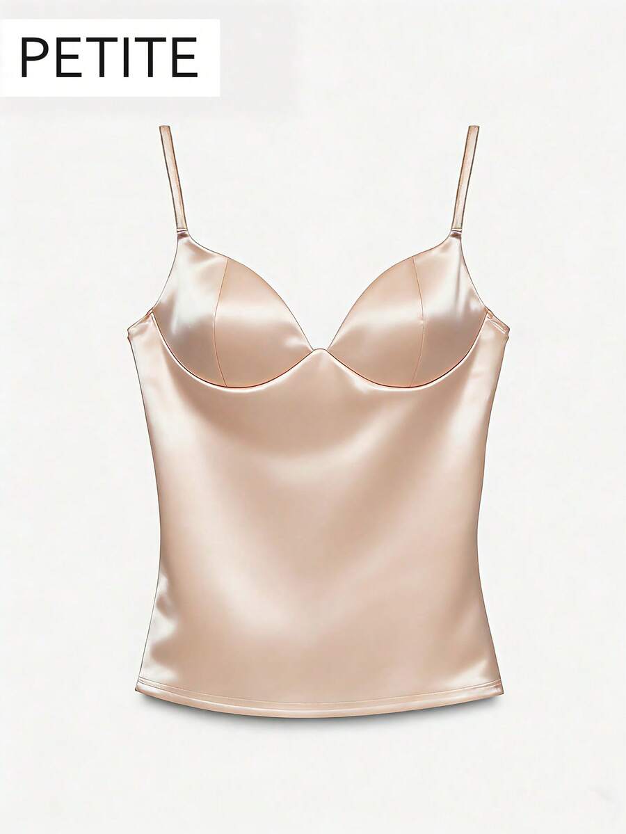 1 pieza Top de tirantes de satén de unicolor con línea prensada en forma de espina de pescado para mujer, albaricoque casual de verano - Albaricoque - Ver 1