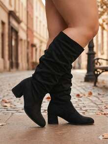 Women's Wide Fit Plus Size European Style Ruched Chunky Heel Knee-High Boots, Vintage Versatile Slouchy Boots, Faux Suede Fashion Mid-Heel Riding Boots, Wide Fit High Heels - Black Cloth Folds - View 6