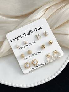 6 Pairs Fashion Flower Faux Pearl Rabbit Rhinestone Heart Combination Earrings For Women, Suitable For Daily Wear, Parties And Outings, Exquisite Stud Earrings Set - Yellow Gold - View 5