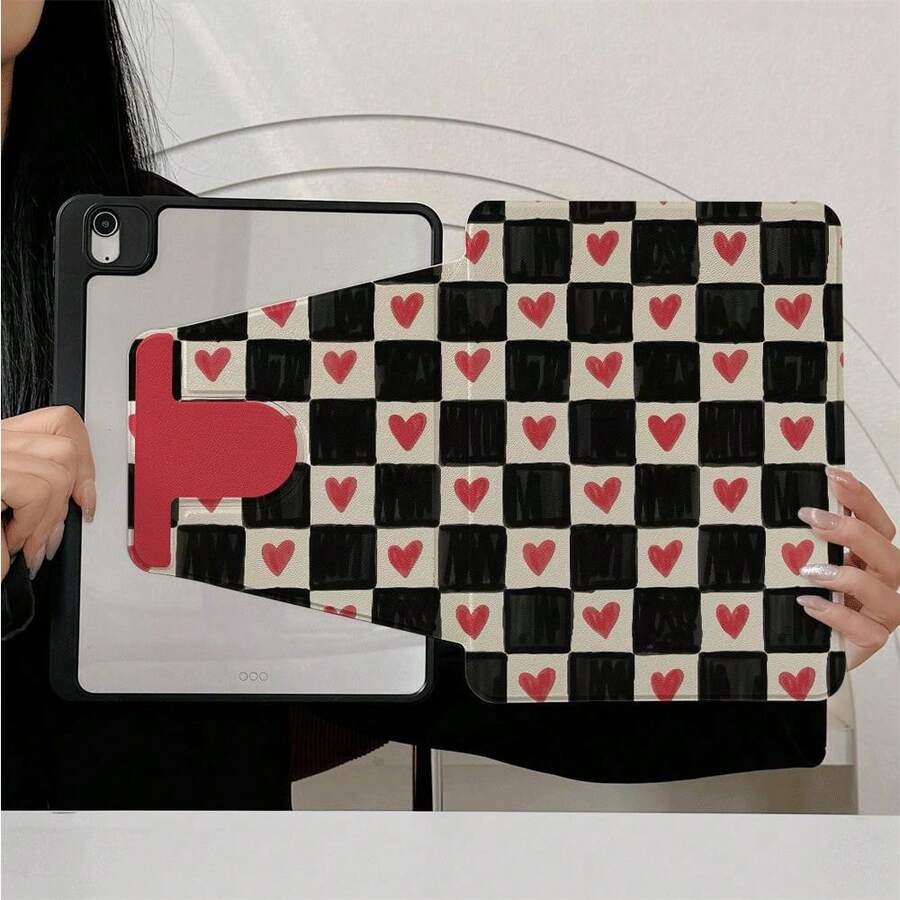 1pc Black & White Checkerboard Red Heart Pattern 360° Rotating Tablet Protective Case, Multi-Angle Magnetic Stand Cover, Auto Sleep/Wake Function, Compatible With IPad PRO/AIR, Pad 5/6/7, Pad, Matepad, Pad, Honor Pad, Pad - Multicolor - View 1