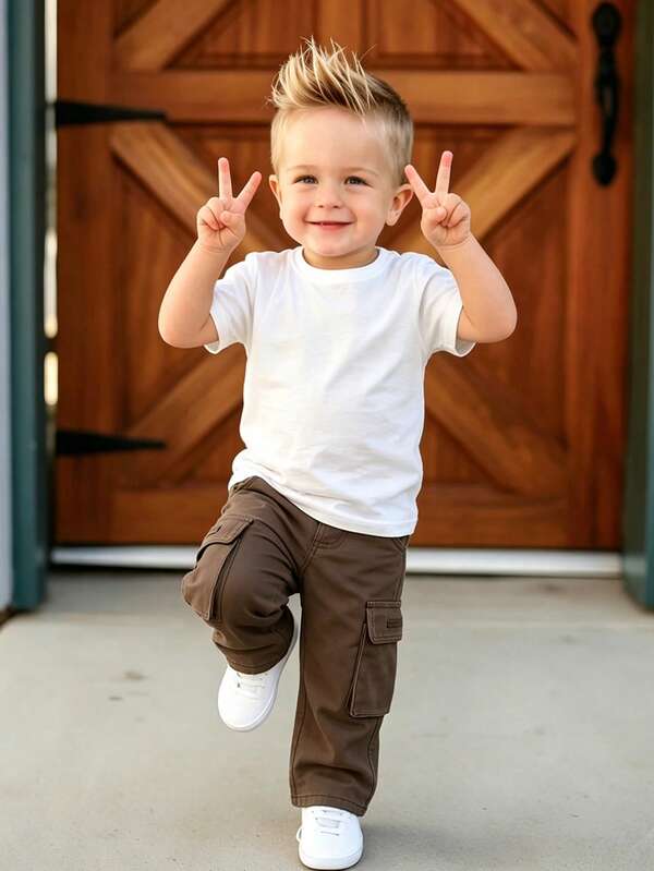 Baby Boy 6m-3years And Unisex Vintage Wide Leg Coffee Cargo Jeans, All Season, Fashion Style, Versatile, Half Elastic Waist, No Zipper, Loose Fit, Washed Process, Workwear Denim Pants