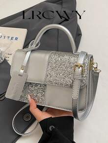 Women's Square Handbag, Dual-Color Plaid Patchwork Design, Fashionable Elegant Minimalist, Crossbody Shoulder Bag, Silver - Silver - View 1