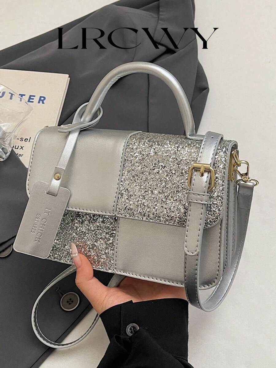 Women's Square Handbag, Dual-Color Plaid Patchwork Design, Fashionable Elegant Minimalist, Crossbody Shoulder Bag, Silver - Silver - View 1