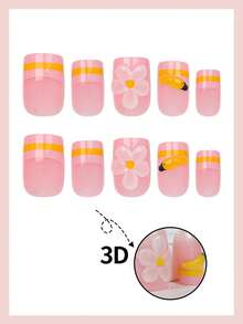 24 pezzi Unghie finte quadrate corte da applicare rosa nudo con fiore 3D, ciondolo a banana & accento francese a righe, lucide, copertura completa per donne e ragazze - Multicolore - Visualizzare 3