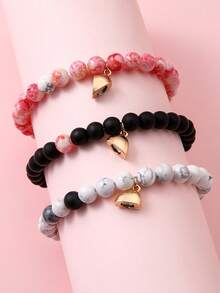 Heart Connecting Beaded Bracelet Pack, Marble Pattern Natural Stone Bead Elastic Wristbands, Best Matching Friendship Jewelry For 3 Friends - Multicolor - View 4