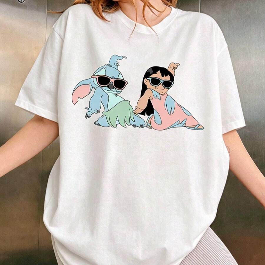 Disney Women Pure Cotton T-Shirt Lilo & Stitch Cool Sunglasses Casual Tee Retro Cartoon Character Loose Oversized Short Sleeve - 白色 - 查看 1